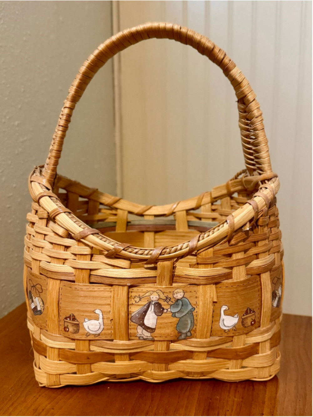 Vintage Woven Harvest Basket with Wooden Folk Art Band Geese & Children
